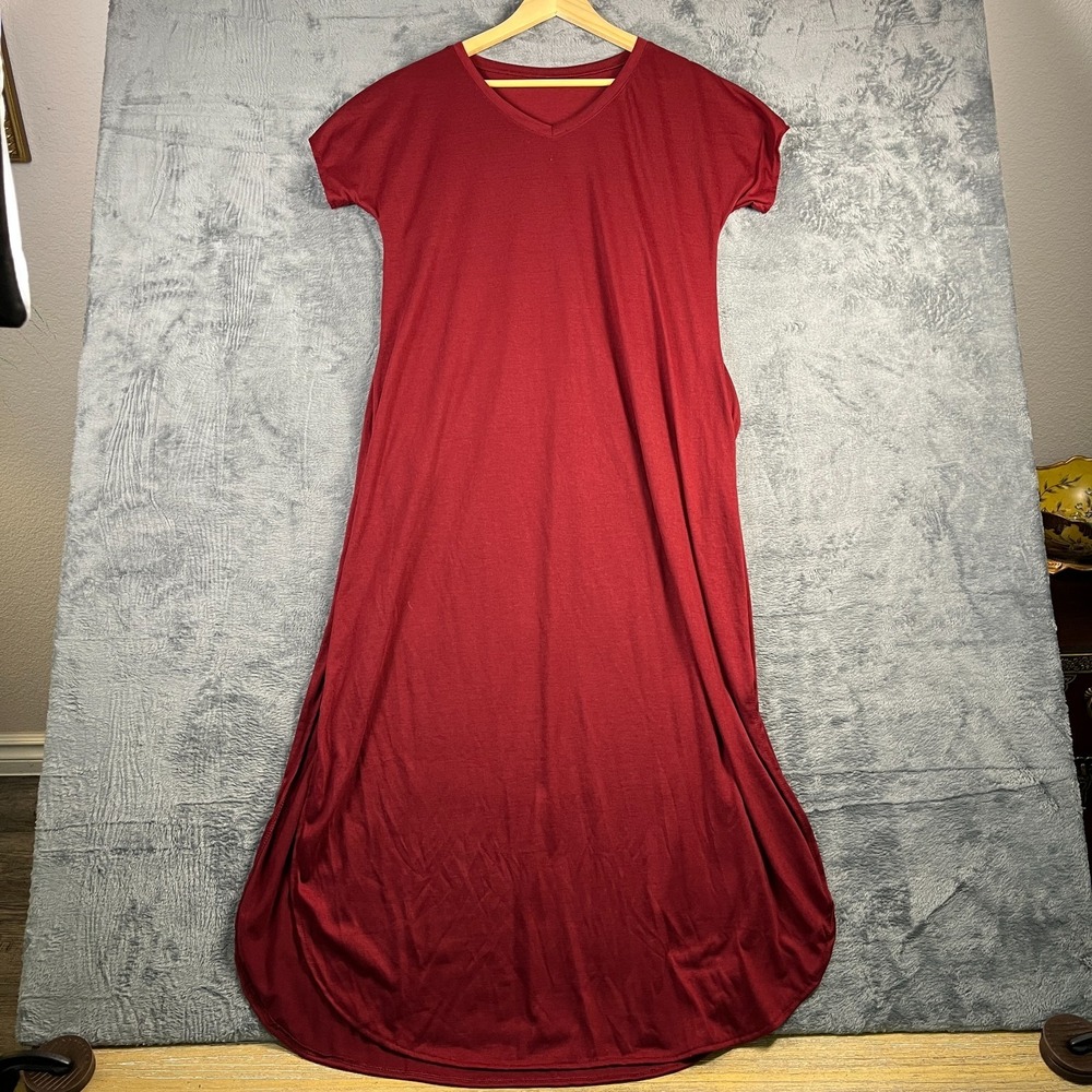Womens Maxi Dress Large Red Cotton V Neck Pleated Dolman Sleeve Slits Curved Hem